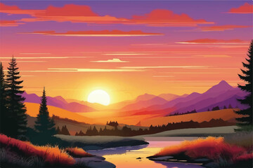 Sunrise in a beautiful nature landscape. Vector illustration Background.  Serene Sunrise. Nature. Lake. 