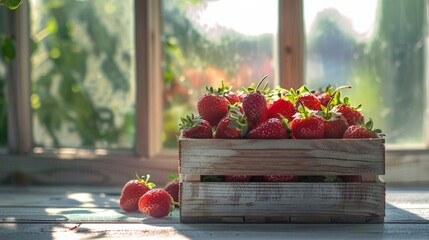 Wall Mural - Sunlight filters through curtains to soften shadows and highlight the details of the strawberries and wooden box. generative ai