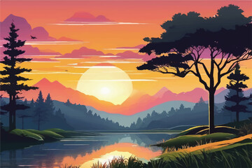 Sunrise in a beautiful nature landscape. Vector illustration Background.  Serene Sunrise. Nature. Lake. 