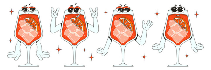 Set retro groovy characters drink aperol spritz. Funky characters with different poses and emotions. Vintage design with a contemporary twist.