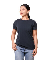 Wall Mural - Woman wearing black t-shirt on white background