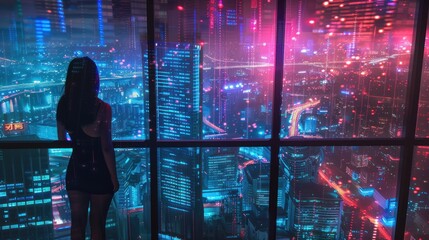 Wall Mural - Woman looking futuristic cyberpunk cityscape from panoramic window
