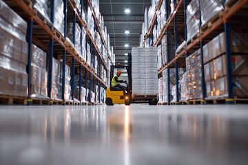 Poster - Warehouse worker operates forklift in storage facility, managing logistics, inventory, and goods in industrial setting. Keywords logistics, inventory, organization, industrial, and more