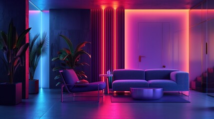 Wall Mural - Futuristic living room interior dark color scene with glowing colorful neon light