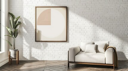 Wall Mural - mockup in walnut wood frame hanging on white brick modern scandinavian interior. Generative Ai