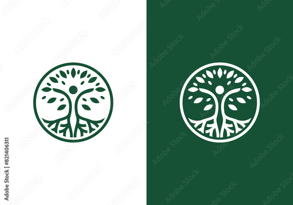 line art nature logo vector design of tree and man or person inside ...