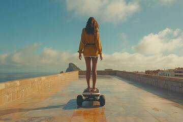 Wall Mural - A person riding a hoverboard along a seaside promenade, experiencing futuristic personal transportation. Concept of cutting-edge mobility and innovation. Generative Ai.