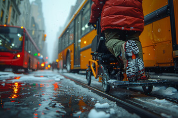 A person using a wheelchair-accessible ramp to board a public bus, highlighting inclusive transportation infrastructure. Concept of accessible mobility and universal design. Generative Ai.