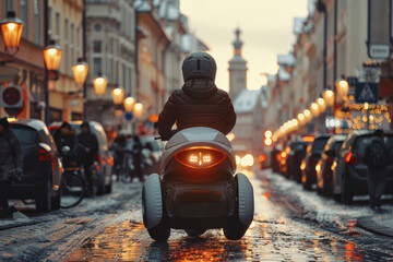 Poster - A person using a personal electric vehicle to navigate through crowded city streets, avoiding traffic congestion and reducing carbon footprint.  Generative Ai.