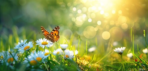 Wall Mural - Beautiful spring background with daisies and grass, butterfly on flower in sunlight Background banner for design Generative AI