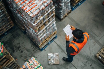 Poster - In an industrial setting, a warehouse worker wears a highvisibility vest while conducting inventory of palletized goods, including logistics, inventory check, and organizing goods for shipping