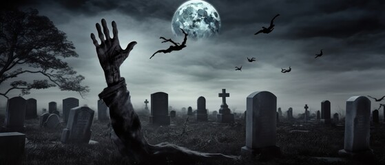 Wall Mural - Zombie hand rising out of the grave. Zombie Hand Rising Out Of A Graveyard In Spooky Night. Horror Movie Concept. Zombie Halloween concept with copy space. 3d illustration. 