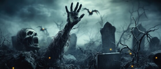 Wall Mural - Zombie hand rising out of the grave. Zombie Hand Rising Out Of A Graveyard In Spooky Night. Horror Movie Concept. Zombie Halloween concept with copy space. 3d illustration. 