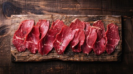 Poster - Top-down view of thinly sliced beef arranged on a wooden surface, ideal for showcasing gourmet cooking from above.