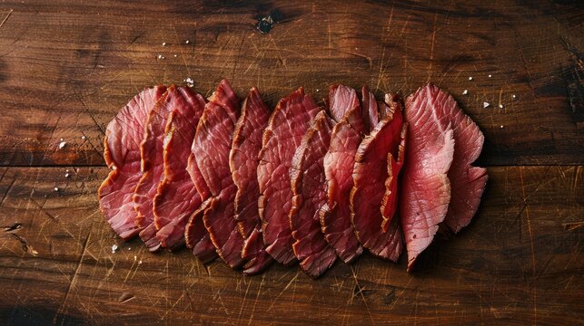 Top-down view of thinly sliced beef arranged on a wooden surface, ideal for showcasing gourmet cooking from above.