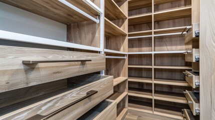 interior of brown wooden closet, with organized spaces generative ai