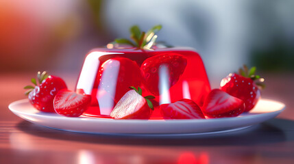 A red jelly dessert with strawberries on plate, Delicious red jelly with strawberry 