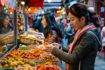 Sticker - Friends exploring a bustling marketplace, sampling exotic foods and haggling with vendors amidst colorful stalls. Concept of cultural exchange and exploration. Generative Ai.