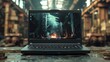 © aicandy - A high-performance gaming laptop with a rugged design is captured on a workbench in an industrial setting, emphasizing its robust build and capability for intense gaming sessions
