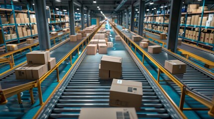 Poster - In a modern warehouse, an automated conveyor belt system efficiently handles packages, showcasing logistics automation. It demonstrates efficient handling of packages in warehouses
