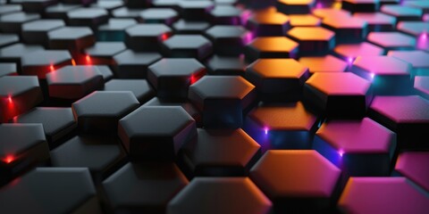 Poster - black reflective hexagon background with colored lights