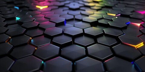 Poster - black reflective hexagon background with colored lights