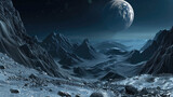 Fototapeta  - Alien planet in deep space, view of deserted surface and moon, mountain landscape at night. Concept of futuristic nature, sci-fi, science, universe