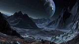 Fototapeta  - Alien planet in deep space, view of deserted surface and moon, mountain landscape at night. Concept of futuristic nature, sci-fi, science, adventure,