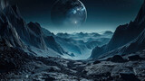 Fototapeta  - Alien planet in deep space, view of deserted surface and moon, mountain landscape at night. Concept of futuristic nature, sci-fi, adventure, universe