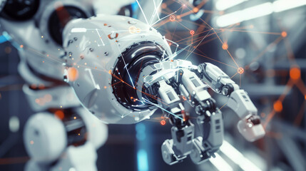 Poster - White robot hand on abstract tech background, futuristic industrial arm in lab. Concept of AI technology, robotic innovation, science, digital, future
