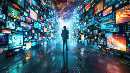 Wall Mural - Person on social network background, abstract digital pattern of media news screens. Concept of connect, global world, people, online and technology