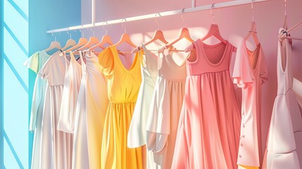 Wall Mural - A collection of dresses and shirts displayed on hangers in a fashion designers showroom. Generative AI