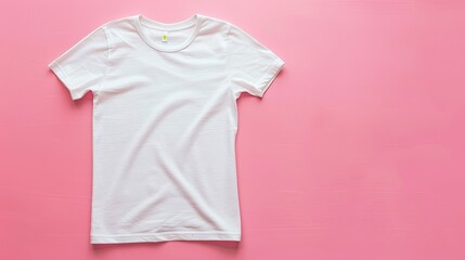 White children's t-shirt mockup, back of shirt facing camera, blank white cotton short-sleeved crewneck t-shirt on pink background.