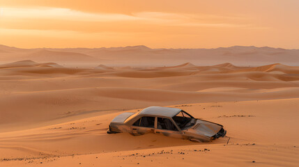 Wall Mural - A car is buried in the sand, with the sun setting in the background