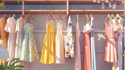 Wall Mural - Collection of fashionable womens dresses and shirts hanging neatly on a rack in a summer closet setting. Generative AI