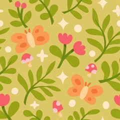 Wall Mural - Cute vector floral seamless pattern with butterflies. Colorful flowers background. Trendy repeat texture for fashion print, wallpaper or fabric.