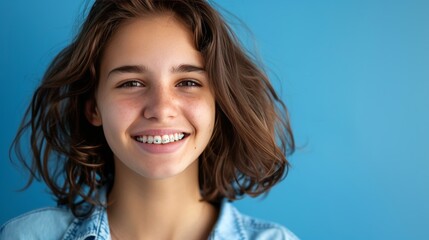 A modern stylish portrait of a professional woman smiling showing off her new braces on a blue background.