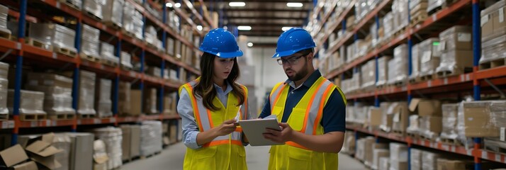 Poster - In warehouses, employees wear safety vests and hard hats while using digital tablets for inventory checks. They discuss logistics, teamwork, and efficiency in the industrial setting