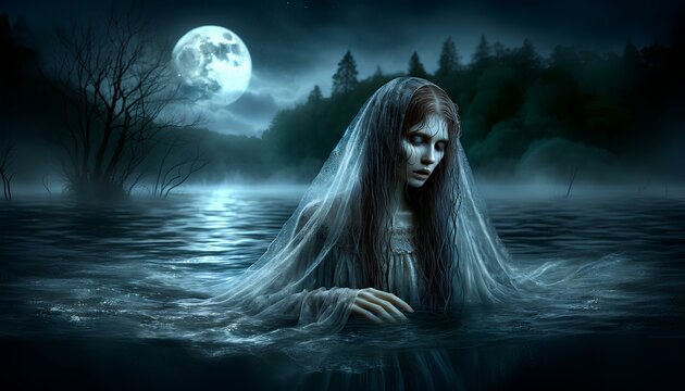 Slavic Rusalka female ghost in Slavic legend. It is believed to be the spirit of a woman who died in the water. Often Tricks Men into Drowning