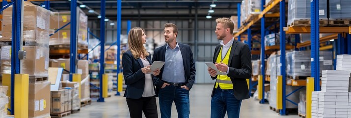 Poster - The warehouse logistics focuses on supply chain, inventory management, teamwork, and operations in a professional setting. Consulting, planning, and collaboration are essential components