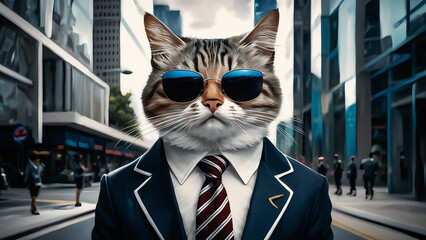 A cat wearing sunglasses and a suit with a tie.