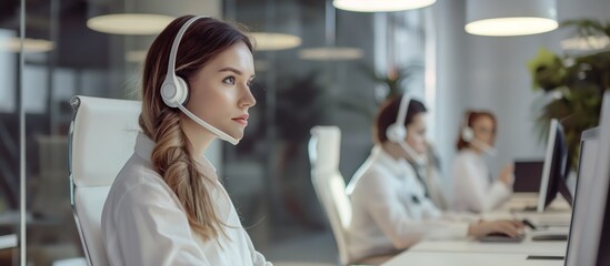 Poster - A professional team of Customer Service Representatives in a modern office focuses on teamwork and communication to offer dedicated assistance to clients, ensuring the best service experience