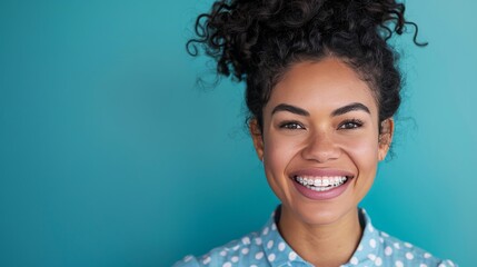 A modern stylish portrait of a professional woman smiling showing off her new braces on a blue background.