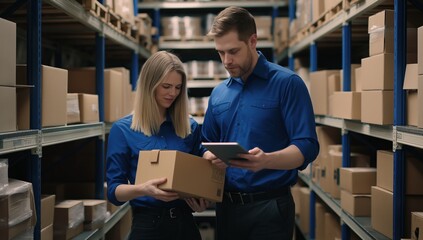 Poster - Warehouse workers efficiently managing inventory using digital tablets at a storage facility, collaborating to ensure effective organization and logistics for shipping, receiving, and fulfillment