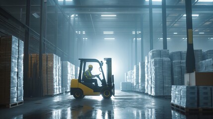 In a modern warehouse, a Worker efficiently navigates the facility using a forklift for logistics under high ceilings and diffused lighting, ensuring safety and high productivity levels