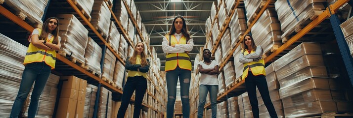 Poster - Warehouse Team A diverse group working together in a storage facility, enhancing productivity while ensuring a professional and safe workplace environment through teamwork and readiness