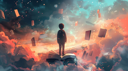 Wall Mural - boy standing on the opened book and looking at other books floating in the air, digital illustration painting