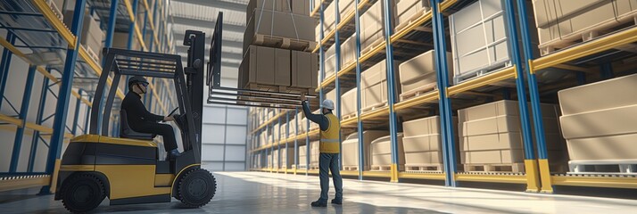 Poster - In warehouse logistics, a forklift operator and worker manage inventory, handling boxes, shelves, and equipment for efficient storage and distribution processes in an industrial setting
