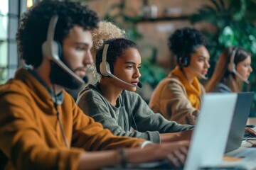 Poster - A diverse customer support team in a modern office is professional, skilled, and dedicated to providing excellent service through collaboration and effective communication with clients