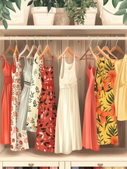 Wall Mural - Collection of stylish dresses hanging on a rack in a trendy womenswear showroom. Generative AI